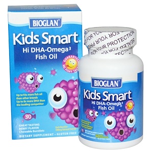 Bioglan, Умные детки, Рыбий жир с высоким содержанием Омега-3, с ягодным вкусом, 30 жевательных дражже.