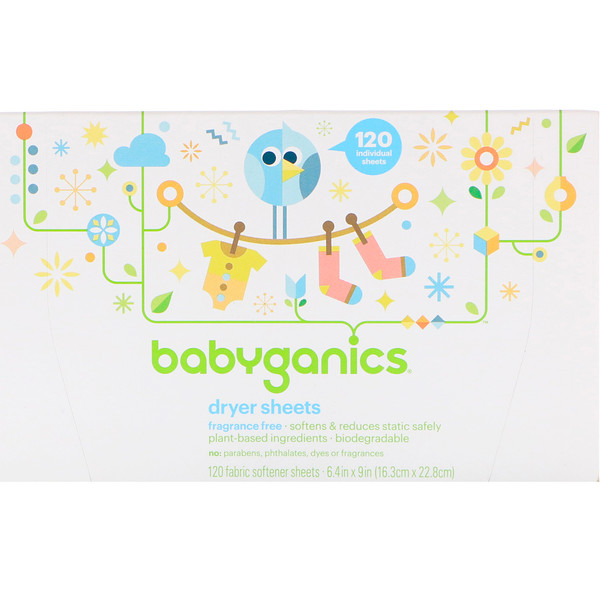 BabyGanics, Dryer Sheets, Fragrance Free, 120 Fabric Softener Sheets