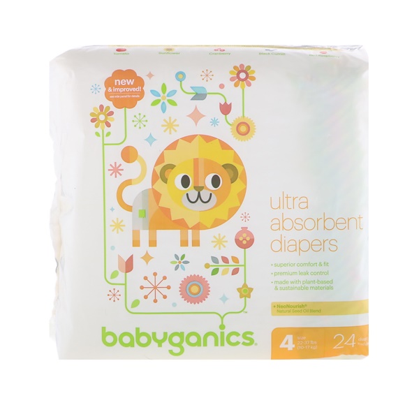 BabyGanics, Ultra Absorbent Diapers, Size 4, 2237 lbs, (1017 kg), 24