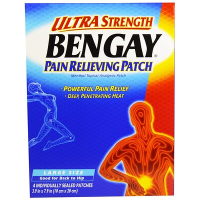 Bengay Болеутоляющий пластырь Ultra Strength, большой размер, 4 штуки, 3,9 дюйма x 7,9 дюйма (10 см x 20 см)
