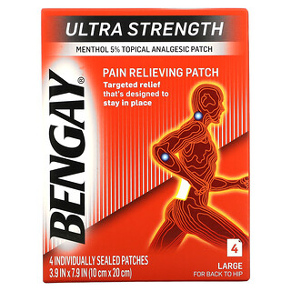 Bengay, رقع تخفيف الألم بالقوة الفائقة، حجم كبير، 4 رقع، 3.9 في x 7.9 في (10 سم × 20 سم)
