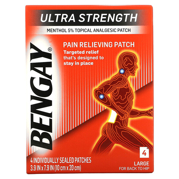 Bengay‏, رقع تخفيف الألم بالقوة الفائقة، حجم كبير، 4 رقع، 3.9 في x 7.9 في (10 سم × 20 سم)