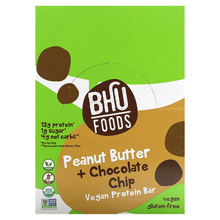 BHU Foods, Vegan Protein Bar, Peanut Butter + Chocolate Chip, 12 Bars, 1.6 oz (45 g) Each