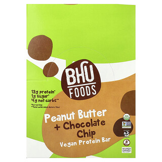 BHU Foods, Vegan Protein Bar, Peanut Butter + Chocolate Chip, 12 Bars, 1.6 oz (45 g) Each