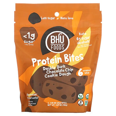 

BHU Foods, Protein Bites, Double Dark Chocolate Chip Cookie Dough, 6 Bites, 0.88 oz (25 g) Each