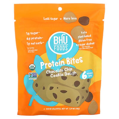 

BHU Foods, Protein Bites, Chocolate Chip Cookie Dough, 6 Bites, 0.88 oz (25 g) Each