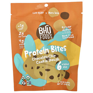 BHU Foods, Bocaditos de proteína, Masa de galleta con chispas de chocolate`` 6 bocados, 25 g (0,88 oz) cada uno