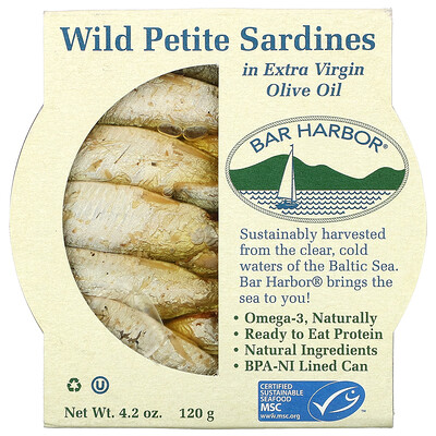 Bar Harbor Wild Petite Sardines in Extra Virgin Olive Oil, 4.2 oz (120 g)