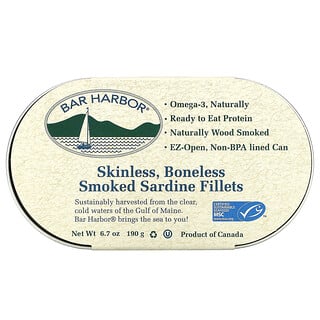 Bar Harbor, Skinless, Boneless Smoked Sardine Fillets, 6.7 oz (190 g)