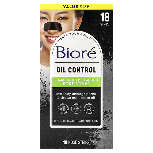 Biore, Tiras para limpieza profunda de poros, carbón vegetal, 18 tiras para la nariz