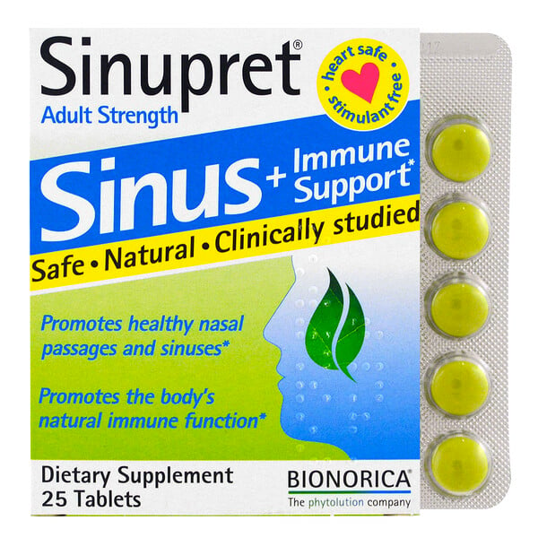 Bionorica, Sinupret, Adult Strength, поддержка здоровья носовых пазух и иммунной системы для взрослых, 25 таблеток