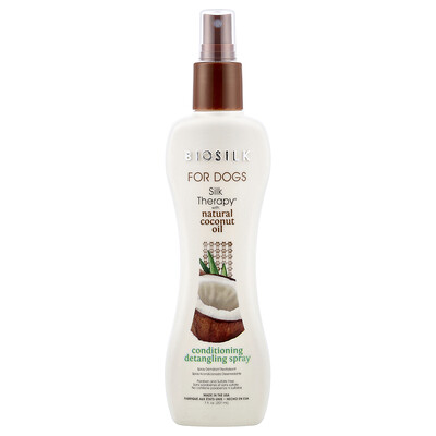 Biosilk, Silk Therapy® con aceite de coco natural, Spray acondicionador y desenredante, Para perros, 207 ml (7 oz. líq.)