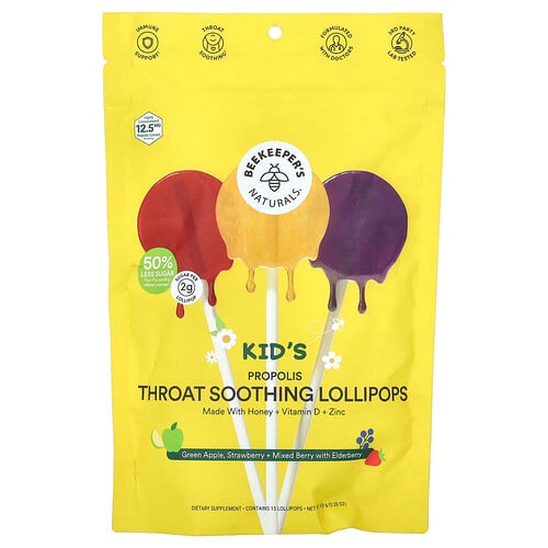 Beekeeper's Naturals, Kids Propolis Throat Soothing Lollipops, Propolis-Lutscher für den Hals, grüner Apfel, Erdbeere + gemischte Beeren mit Holunder, 15 Lutscher