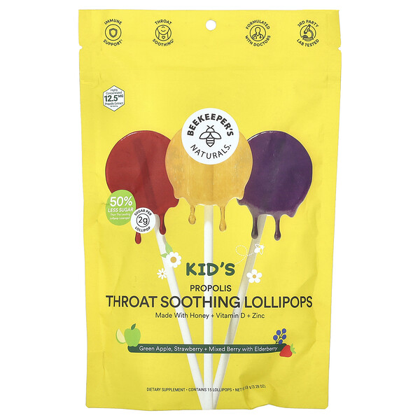 Beekeeper's Naturals Kids Propolis Throat Soothing Lollipops, Green Apple, Strawberry + Mixed Berry with Elderberry, 15 Lollipops