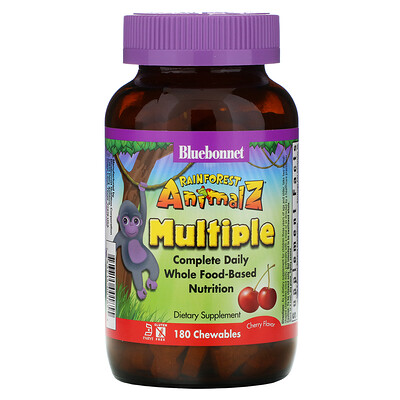 Bluebonnet Nutrition Rainforest Animalz, препарат полного спектра для ежедневного приема, мультивитамин со вкусом вишни, 180 жевательных таблеток