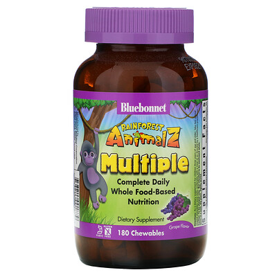 Bluebonnet Nutrition Rainforest Animalz, мультивитамин на основе цельных продуктов, натуральный ароматизатор со вкусом винограда, 180 жевательных таблеток в форме животных