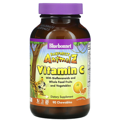 Bluebonnet Nutrition Super Earth, Rainforest Animalz, витамин С, натуральный апельсиновый вкус, 90 жевательных таблеток в форме животных