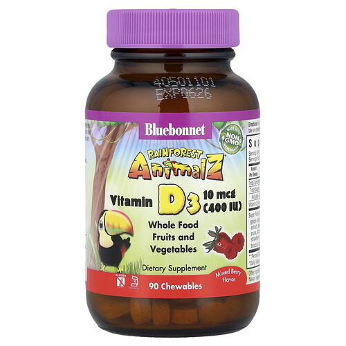 Bluebonnet Nutrition, Rainforest Animalz, Vitamin D3, natürlicher Beeren-Mix-Geschmack, 400 IE, 90 Kautabletten