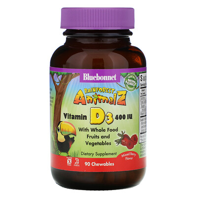 Bluebonnet Nutrition Rainforest Animalz, витамин D3 с натуральным ягодным вкусом, 400 МЕ, 90 жевательных таблеток