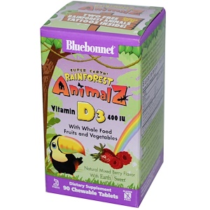 Bluebonnet Nutrition, Super Earth, Rainforest Animalz, Витамин D3, ягодное ассорти, 400 IU, 90 жевательных таблеток