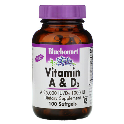 Bluebonnet Nutrition Витамины A и D3, 100 гелевых капсул