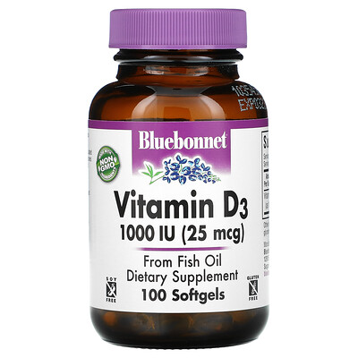 Bluebonnet Nutrition Vitamin D3, 1,000 IU (25 mcg), 100 Softgels