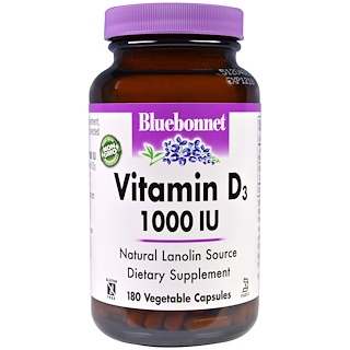 Bluebonnet Nutrition, Витамин D3, 1000 МЕ, 180 капсул в растительной оболочке