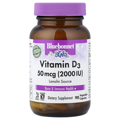 Bluebonnet Nutrition, Vitamina D3, 50 mcg (2000 UI), 90 cápsulas vegetales