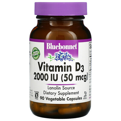 Bluebonnet Nutrition Vitamin D3, 50 mcg (2,000 IU), 90 Vegetable Capsules