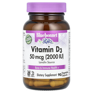 Bluebonnet Nutrition, Vitamine D3, 50 mcg (2000 IE), 90 plantaardige capsules