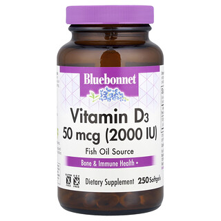 Bluebonnet Nutrition, Vitamín D3, 50 μg, (2 000 IU), 250 měkkých kapslí