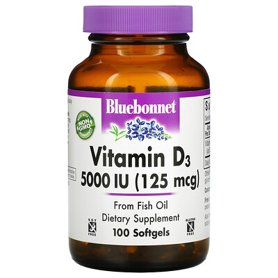 Bluebonnet Nutrition Vitamin D3, 125 mcg (5,000 IU), 100 Softgels