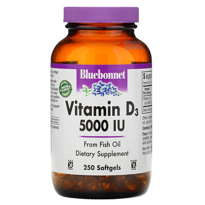 Bluebonnet Nutrition Витамин D3, 5000 МЕ, 250 желатиновых капсул