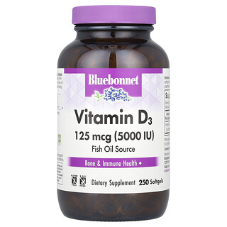 Bluebonnet Nutrition, Vitamín D3, 125 μg (5 000 IU), 250 měkkých kapslí