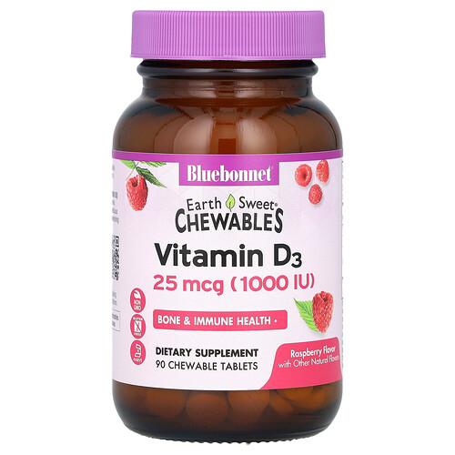 Bluebonnet Nutrition EarthSweet® Chewables, Vitamin D3, Raspberry, 25 mcg (1,000 IU), 90 Chewable Tablets