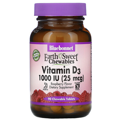 Bluebonnet Nutrition Earth Sweet Chewables, витамин D3, малина, 1000 МЕ (25 мкг), 90 жевательных таблеток