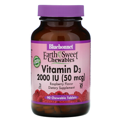 Bluebonnet Nutrition Earth Sweet Chewables, витамин D3, натуральный вкус малины, 2000 МЕ, 90 жевательных таблеток