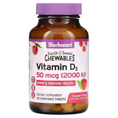 Bluebonnet Nutrition Earth Sweet Chewables витамин D3 со вкусом малины 2000 МЕ 90 жевательных таблеток