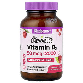 Bluebonnet Nutrition, Masticables EarthSweet, Vitamina D3, sabor natural a frambuesa, 2,000 IU, 90 cápsulas masticables