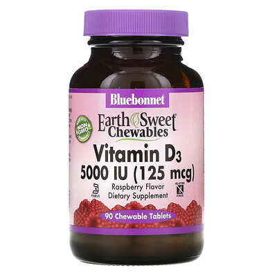 Bluebonnet Nutrition витамин D3, малина, 5000 МЕ (125 мкг), 90 жевательных таблеток