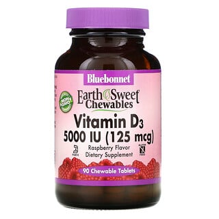 Bluebonnet Nutrition, витамин D3, малина, 5000 МЕ (125 мкг), 90 жевательных таблеток