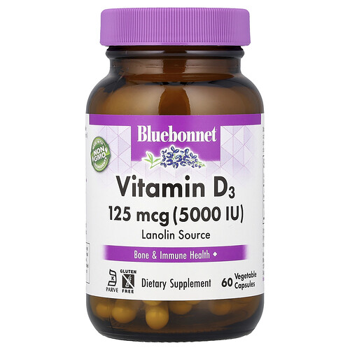 Bluebonnet Nutrition, Vitamina D3, 125 mcg (5000 UI), 60 cápsulas vegetales