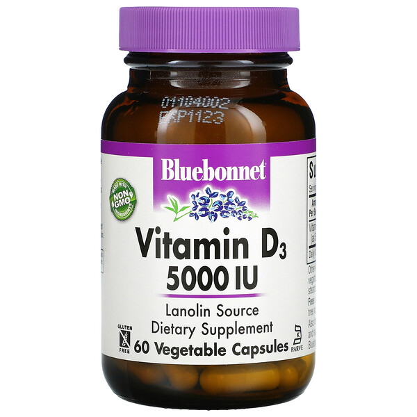 Bluebonnet Nutrition‏, Vitamin D3, 5,000 IU, 60 Vegetable Capsules