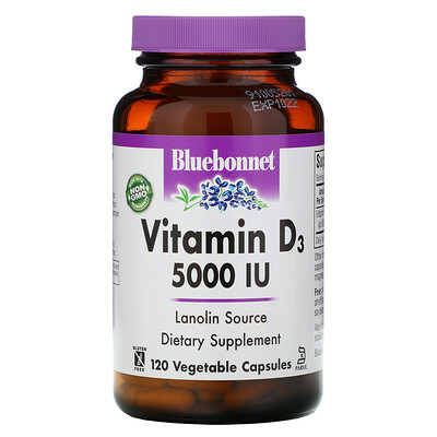 Bluebonnet Nutrition Витамин D3, 5000 МЕ, 120 растительных капсул