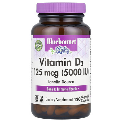 Bluebonnet Nutrition, Vitamina D3, 125 mcg (5000 UI), 120 cápsulas vegetales