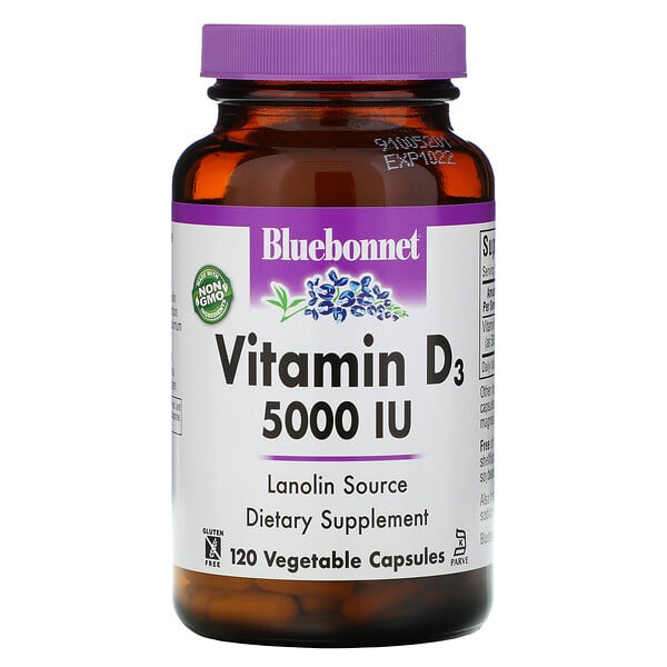 Bluebonnet Nutrition, Vitamin D3, 125 mcg (5,000 IU), 120 Vegetable Capsule