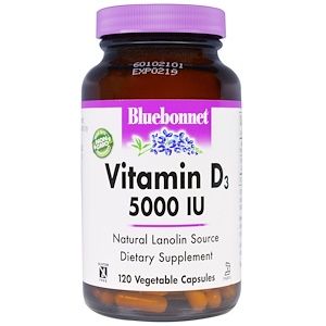 Bluebonnet Nutrition, Витамин D3, 5000 МЕ, 120 капсул в растительной оболочке