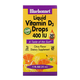 Bluebonnet Nutrition, Gotas de vitamina D3 líquidas, sabor cítrico natural, 400 IU, 1 oz fluida (30 ml)