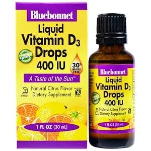 Bluebonnet Nutrition, Жидкий витамин D3 в каплях, натуральный аромат цитрусовых, 400 МЕ, 1 жидк. унц. (30 мл)