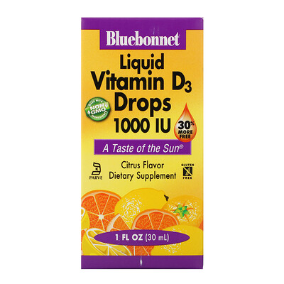 Bluebonnet Nutrition Жидкий витамин D3, в каплях, натуральный цитрусовый вкус, 1,000 МЕ, 1 жидкая унция (30 мл)